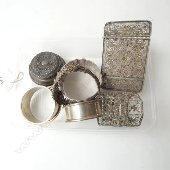 FILIGREE SILVER BANGLE & CARD CASE, 5 NAPKIN RINGS, 800 SILVER CONTAINER