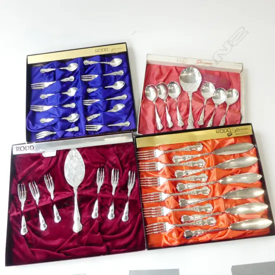 4 BOXES RODD CAMILLE CUTLERY 38PC – FISH SET, SWEET SPOONS, CAKE SET, FORKS & T/SPNS
