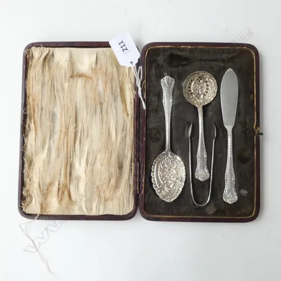 STG SILVER 4PC SET TONGS, SIFTER & JAM SPOON, BUTTER KNIFE 1896 BIRMINGHAM