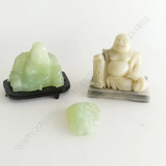 CHINESE JADE HOTEI H100MM ON STAND  JADE BUCKLE H60MM & SOAPSTONE HOTEI H110MM