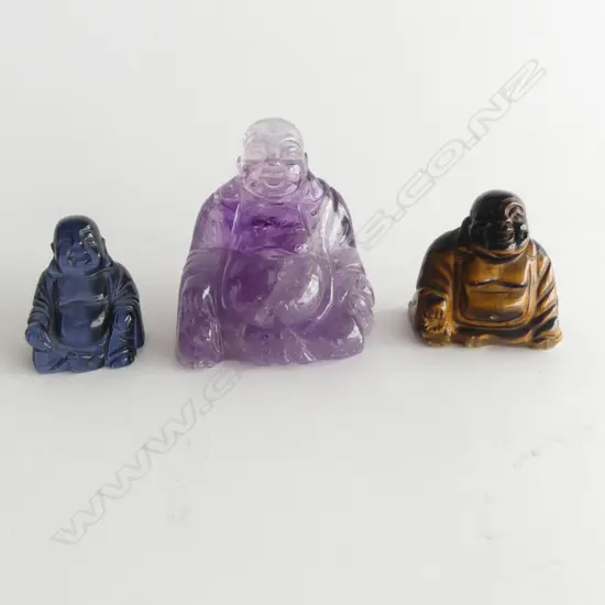 3 SEMI PRECIOUS STONE BUDDHA  AMETHYST H70MM TIGERS EYE 50MM & BLUE STONE H45MM