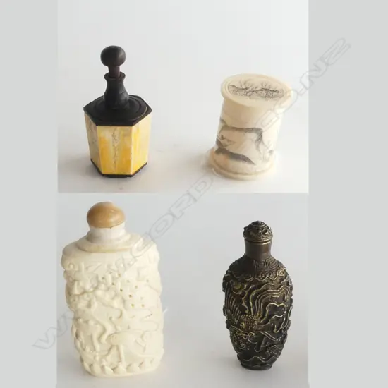3 VINTAGE SNUFF BOTTLES 100MM TALLEST & LIDDED BONE CYLINDER BOX 