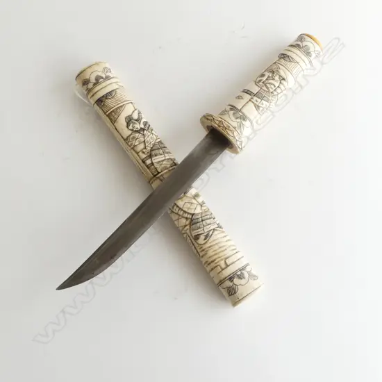 EARLY 20thC JAPANESE TANTO short sword CARVED BONE SCABBARD & HILT L.395mm