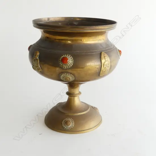 ORIENTAL BRASS PEDESTAL BALUSTER BOWL jewelled with orange agates. H.200mm