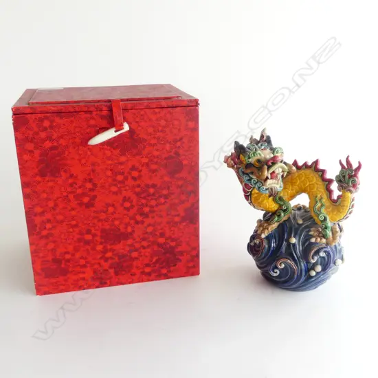 CHINESE POLYCHROME POTTERY DRAGON ON BALL w crashing waves. Brightly glazed H.160mm