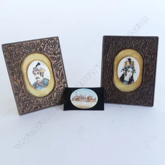 3 OLD INDIAN miniature PAINTINGS ON IVORY: 2 framed portraits + palace