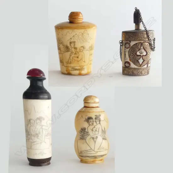 3 EROTIC BONE SNUFF BOTTLES & 1 OTHER H100MM TALLEST