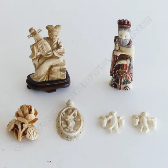 6 VARIOUS SMALL IVORY CARVINGS: 4 CHINESE + 1 INDIAN + 1 ORIENTAL Tallest 80mm stained ivory immortal w staff
