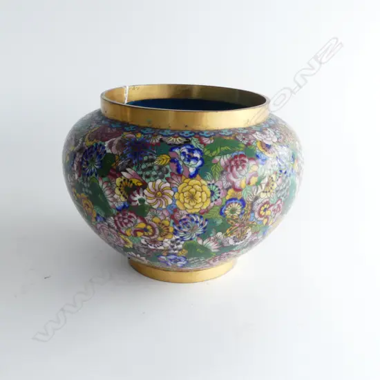 ORIENTAL CLOISONE & BRASS JARDINIERE colourful florals squat ovoid form. H.145mm. Dia.215mm.