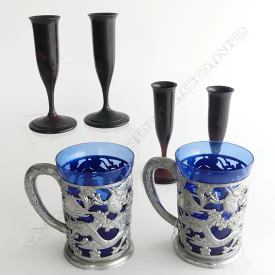 (A) PAIR ORIENTAL CHROME & GLASS MUGS/ FOUR CHINESE WOOD VASES-