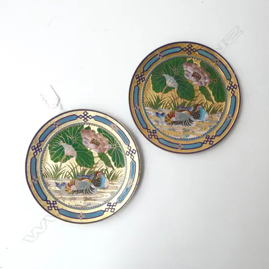PAIR OF CLOISONNE PLATES DUCKS IN POND, D.180MM
