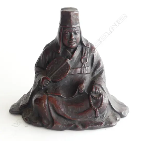 BRONZED IRON SEATED FIGURE of UESUGI KENSHIN with fan & beads H.190mm