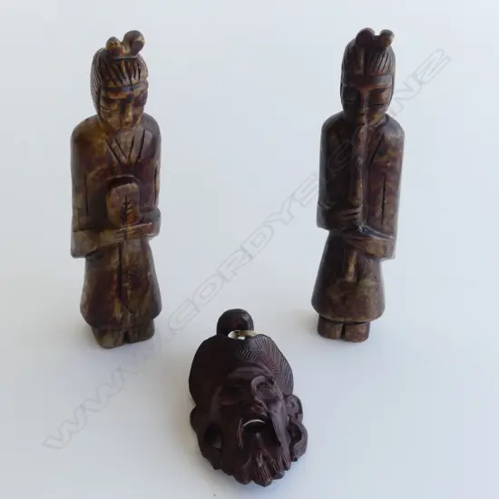 PR ORIENTAL CARVED STONE FIGURES H.160mm + CARVED WOODEN SMALL MASK 