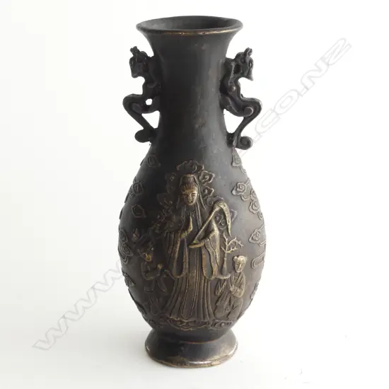 CHINESE BRONZE VASE with female goddess & attendants in relief H.190mm
