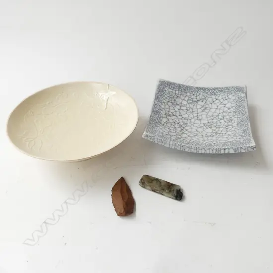 4 PCES; 2 ORIENTAL DISHES 240mm dia, ADZE & JADE AF