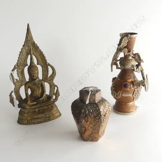 THAI BRASS BUDDHA  H260  TIBETIAN VASE H220MM & JAPANESE  METAL TEA CADDY H