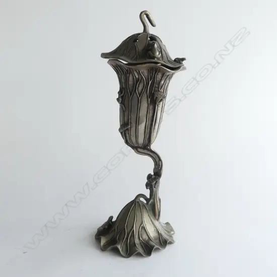 ORIENTAL CAST METAL LIDDED INCENSE BURNER  SHAPED AS LILY WITH FROGS H330MM