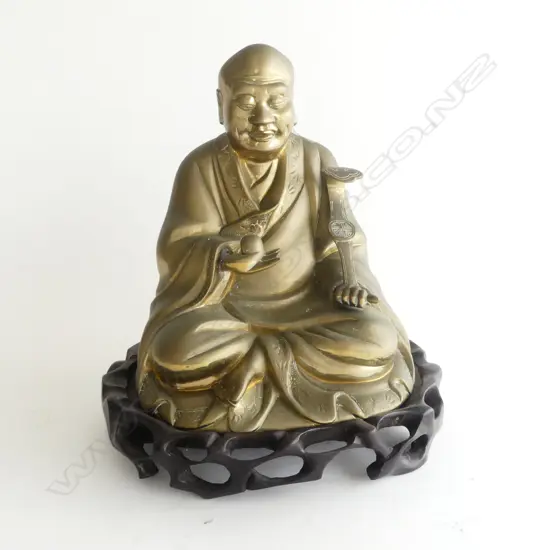 CHINESE BRASS BUDDHA ON WOOD STAND H260MM