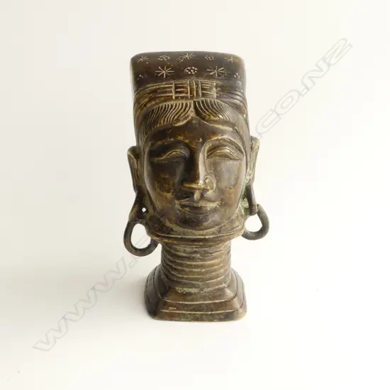 OLD TRIBAL BRONZE BUST OF A WOMAN rings to her neck. Lge loop earrings. Probably 19thC. H.110mm