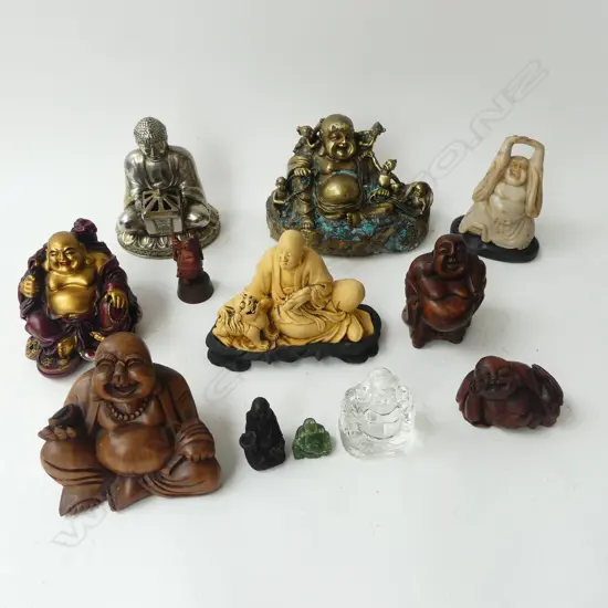 COLLECTION OF 12 BUDDHA WOOD METAL STONE ETC TALLEST100MM