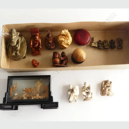 3 BONE NETSUKE 5 WOOD NETSUKE 5 MINIATURE BRONZE DEITY CARVED CHINESE NUT  BRONZE GANESH  & FRAMED CORK PICTURE