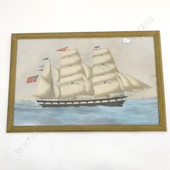 OLD LGE WATERCOLOUR OF CLIPPER SHIP UNDER FULL SAIL,'RESOURCE' TO ONE SAIL & FLYING NORWEGIAN & DUTCH TALL SHIPS FLAG,47