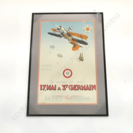 Lucien Cave original 1937 French lithograph poster for 'Le Petit Parisian', with image of a parachutist jumping from an upside down bi-plane, detailed 'AMERIQUE - FRANCE LE MEETING DE PARIS 17. MAI a St.GERMAIN'. 570 x 370mm. Framed under glass.