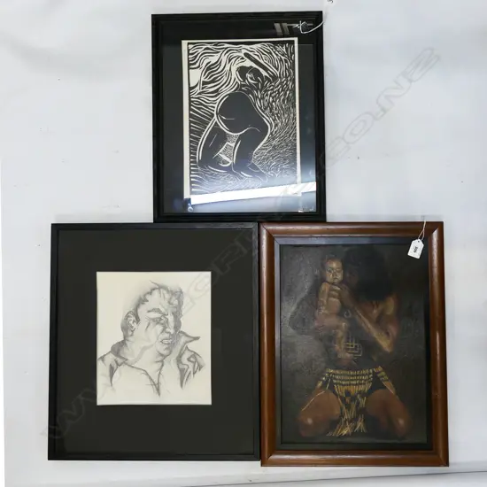 3 FRAMED WORKS; STEPHEN TE-KOTUKU KOMENE OIL ON CANVAS, NIC FINLAYSON TO KARA LINOCUT, UNKNOWN PORTRAIT, 240X320mm
