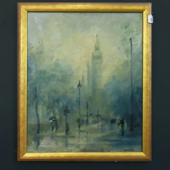 R. B. CHURCH 'WESTMINISTER - RAINY JUNE DAY' OIL ON CANVAS, 600x490mm