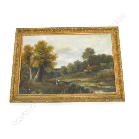 T. THORNLEY, WOODED LANDSCAPE w. FISHERMAN, OIL ON BOARD, 580x875mm