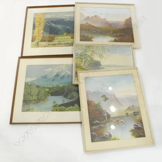 5 ARTWORKS; 2 PASTEL LANDSCAPES INITIALED YMC 410x515mm + 3 PRINTS