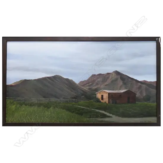 MICHAEL LOWE, LANDSCAPE w. WOOLSHED, ACRYLIC ON BOARD, 2007 430x790mm