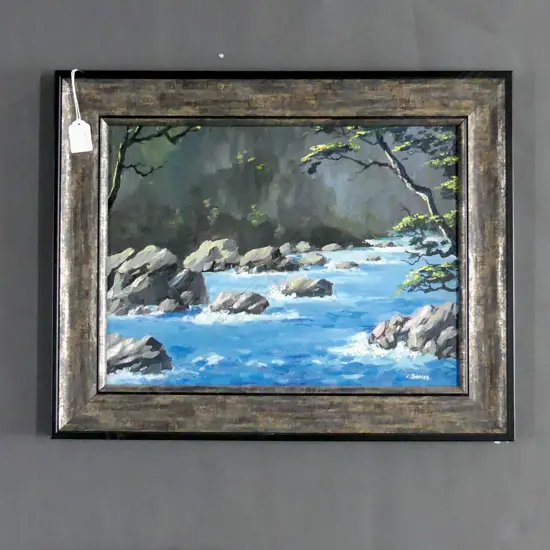 THOMAS, E. (NZ 20thC), Hollyford River, Oil on board, signed & dated 1985, 290mm x 390mm