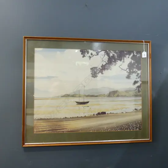 JOHN CRIGHTON LTD EDITION PRINT coastal scene with yacht 470 x 620 mm