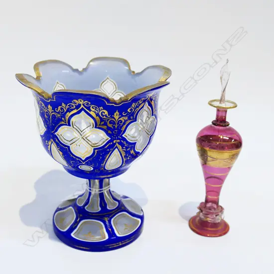 2 PCES GLASS; BLUE GOBLET VASE H.140mm, PINK PERFUME BOTTLE H.150mm