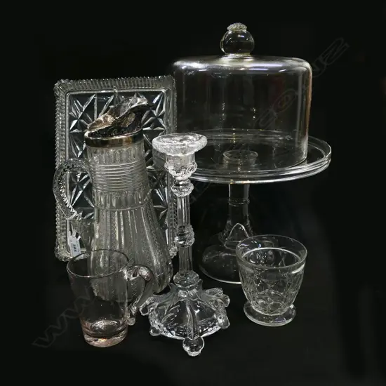 7 PCES GLASS; DOME, COMPORT H.195mm, JUG H.275mm ETC