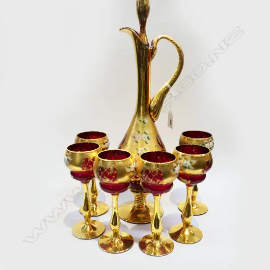 MURANO RUBY GLASS DECANTER H.500mm & 6 GLASSES