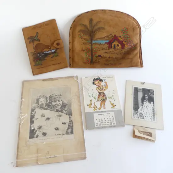 ASST EARLY NZ CALENDERS & SUEDE NZ TEA CADDY w. SUEDE WRITING CASE