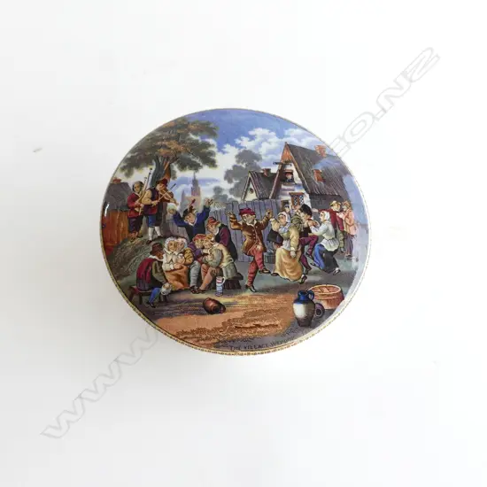 VICTORIAN IRONSTONE PRATTWARE PASTE POT LID 'THE VILLAGE WEDDING'