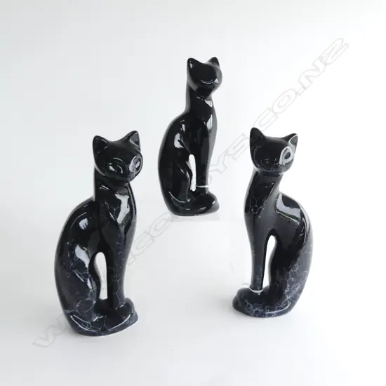PR BLACK MARBLED CERAMIC CATS & ONE OTHER