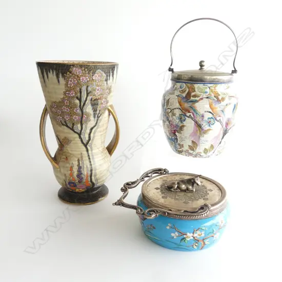 CROWN DEVON DECO VASE H225MM EDWARDIAN BISCUIT BARREL H170MM & EDWARDIAN LIDDED BLUE GLASS BUTTER DISH DIA120MM