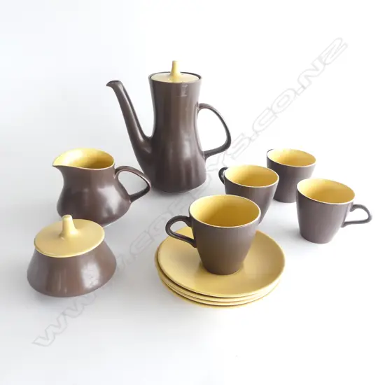 POOLE YELLOW & BROWN COFFEE SET, 11 PCS; 4 C/S, S/M & COFFEE POT
