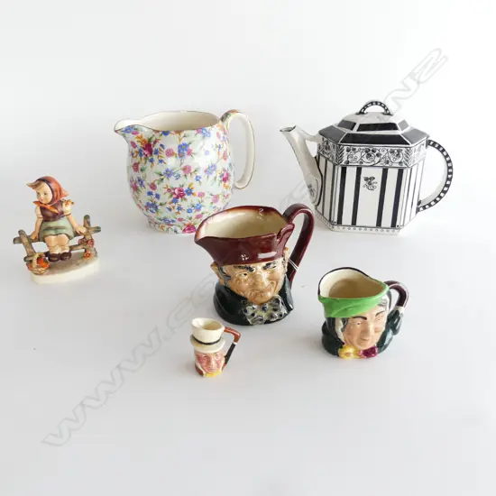 6 PCES CHINA; R. DOULTON TEAPOT, CHINTZ JUG, 3 TOBY JUGS, HUMMEL FIGURINE H.95mm
