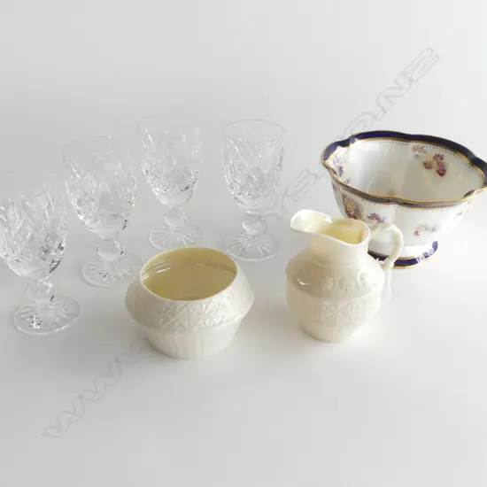 4 WATERFORD GLASSES H.110mm, BELLEEK JUG & BOWL, SUGAR BOWL 140mm dia