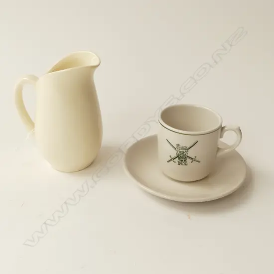 CROWN LYNN NZ ARMY ESPRESSO CUP & SAUCER w. CROWN LYNN 828 PITCHER 110mm