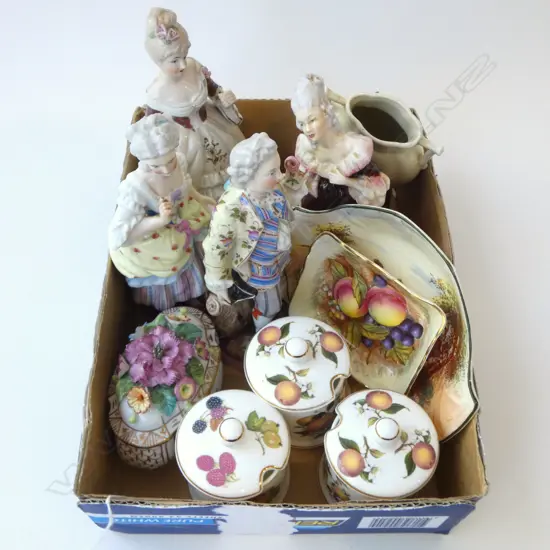 12 ASSORT ITEMS INCLUDING 5 CHINA FIGURES, RD 'RUSTIC' ENGLAND DISH, etc