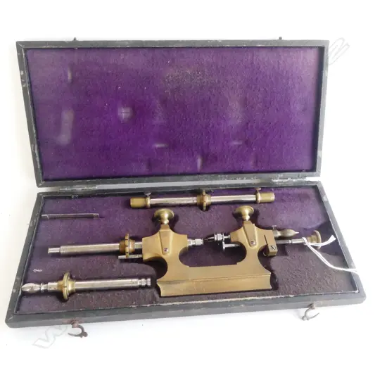 VINTAGE WATCH MAKER'S LATHE ATTACHMENT BRASS TOOL SET CASED 