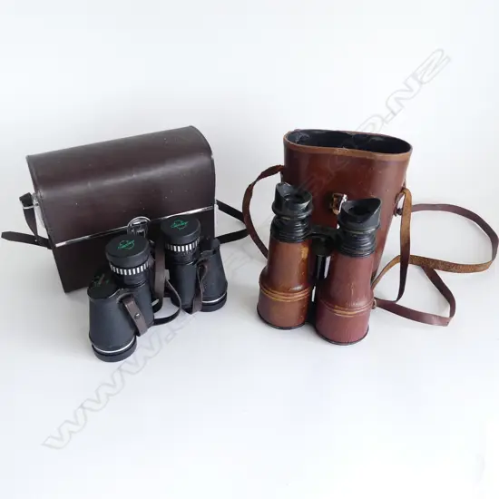 TWO PR GREENKATS  VINTAGE BINOCULARS,  LEATHER CASED STAMPED MADE IN FRANCE