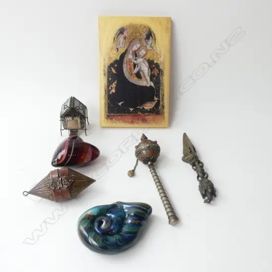 7 PCES; ICON 240x160mm, 2 PCES ART GLASS, PRAYER WHEEL ETC