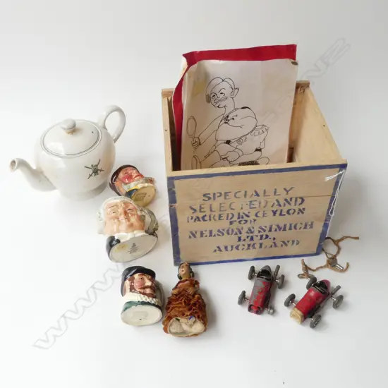 3 CHARACTER JUGS, NZ DEFENCE FORCE TEAPOT, 2 MULDOON CARTOONS ETC